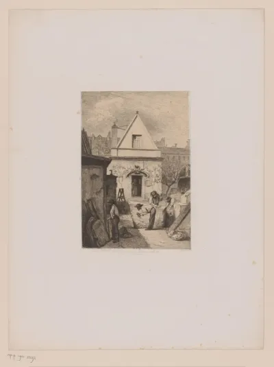 Steenhouwers op het binnenplein van een voormalig Karmelietenklooster