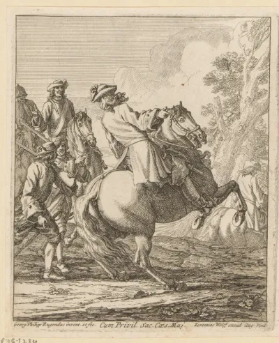 Steigerend paard met ruiter, gevolgd door soldaten te voet en ruiters