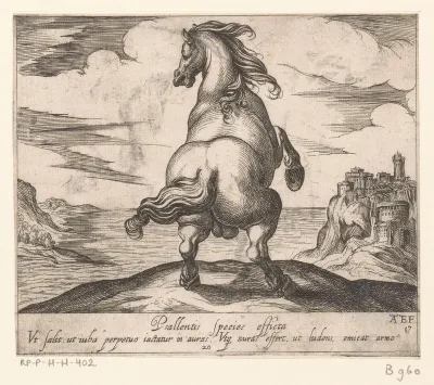 Steigerend paard van achteren gezien voor een zeegezicht