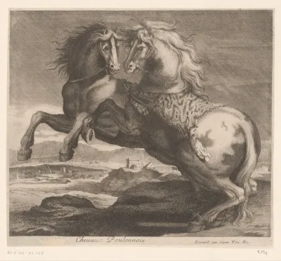 Steigerende paarden in een landschap