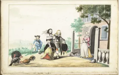 Stel begroet een dame bij de deur van een landhuis
