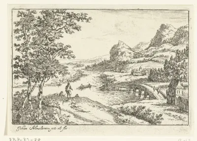 Stenen brug bij een riviersplitsing
