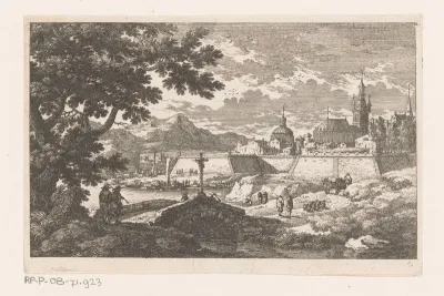 Stenen brug met kruis erop voor ommuurde stad