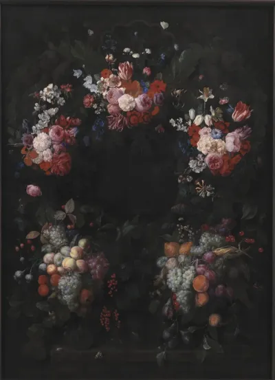 Stenkartouche med en guirlande af blomster og frugter