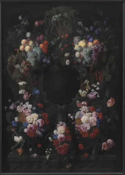 Stenkartouche med guirlande af frugt og blomster