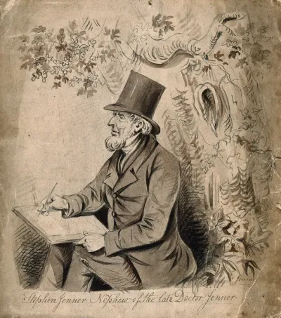 Stephen Jenner seated under a tree, wearing a top-hat, sketching