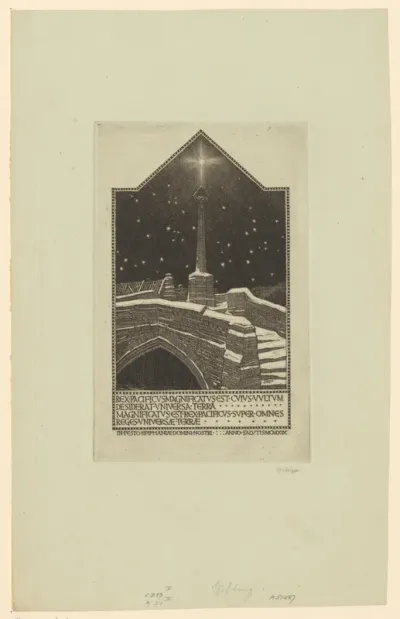 Ster schijnt boven een besneeuwde brug met een beeld van Christus aan het kruis