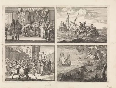 Sterfbed van koning Karel II van Engeland, 1685 / Schipbreuk van de hertog van York onderweg naar Edinburg, 1683 / Te Danzig wordt een processie met steenworpen door het volk begroet, 1678 / Hevige wind aan de kust van Malmö, 1679