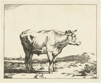Stier, naar rechts, met kerktoren op achtergrond