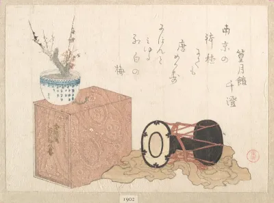Still life: a drum and a bookcase for the Noh Dance