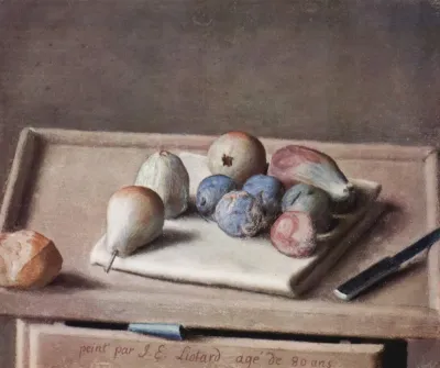 Still life. Fruits on a cloth, a bread bun, a knife