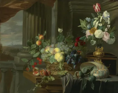 Still Life of a basket of fruit, flowers in a gilt vase, a nautilus shell and other objects on a draped table near an open window, a landscape beyond