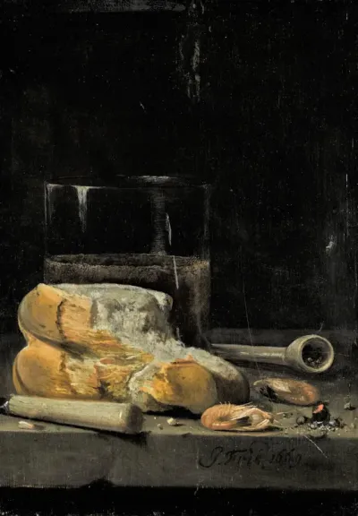 Still life of bread, prawns, a pipe and a glass of beer arranged on a table