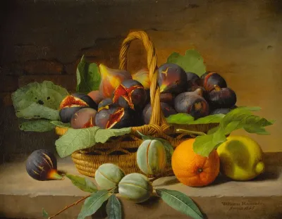 Still-life of figs in a basket and fruit on a ledge