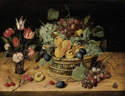 Still life of flowers and fruit