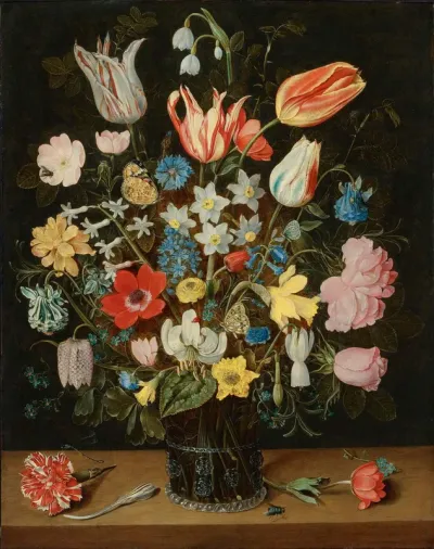 Still life of flowers in a glass beaker