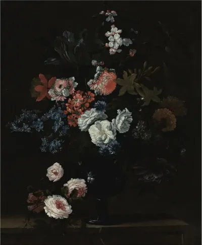 Still life of flowers in a vase resting on a stone ledge