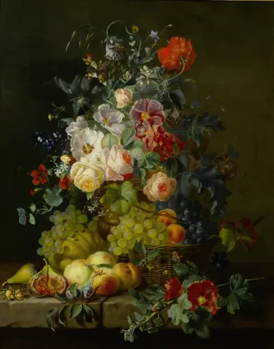 Still life of fruit and flowers on a ledge