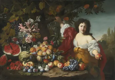 Still life of fruits and flowers with a figure