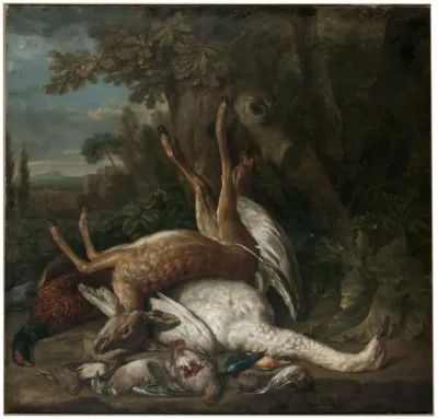 Still life of game, with a deer, swan, pheasant, patridge and other dead birds