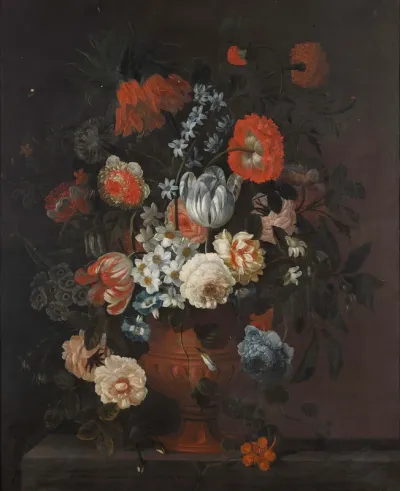 Still Life Of Tulips, Narcissi, Roses, Peonies, Carnations