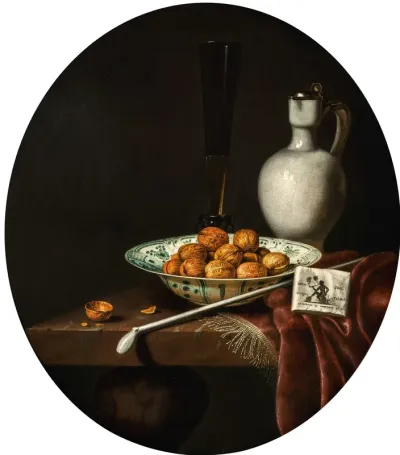 Still Life of Walnuts in a Wan-Li Porcelain Bowl, a glazed Earthenware Jug, and a Pipe and Smoking Materials on a partly draped Table