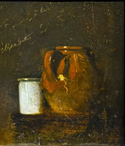 Still life, two glazed earthenware pots.