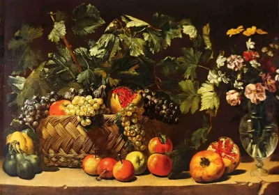 Still life with a basket of fruit, pears, apples, pomegranates and a vase of flowers