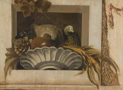 Still Life with a Bowl of Corn, Artichokes, Grapes and a Parrot