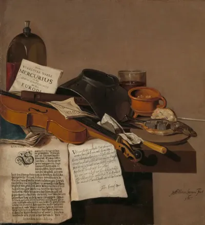Still Life with a Copy of De Waere Mercurius, a Broadsheet with the News of Tromp's Victory over three English Ships on 28 June 1639, and a Poem telling the story of Apelles and the Cobbler