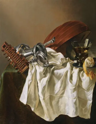 Still life with a lute, a berkemeyer and a knocked-over Jan Steen jug