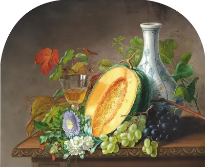 Still life with a melon, grapes, flowers and a glass of wine on a table.