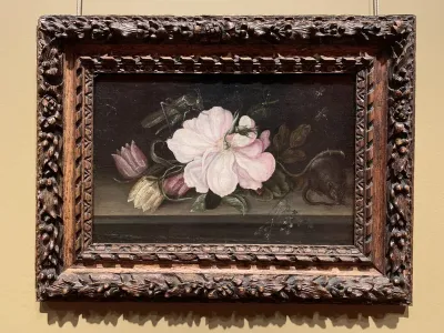 Still life with a rose, a grasshopper and a mouse