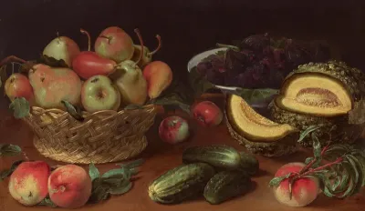Still Life with Apples, Pears, Cucumbers, Figs, Plums, and a Melon