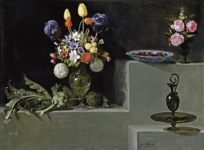 Still life with Artichokes, Flowers and glass Vessels
