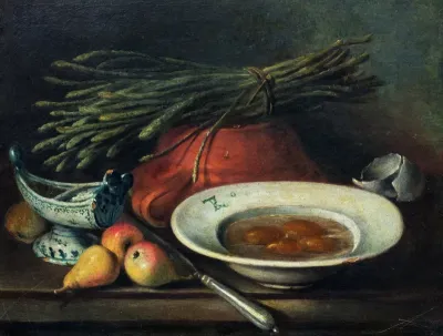 Still life with asparagus, pears, eggs on a plate, gravy boat and large terracotta basin on a table