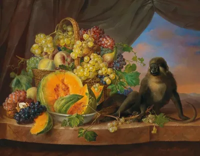 Still life with basket of fruit filled with grapes, peaches, figs and a small monkey