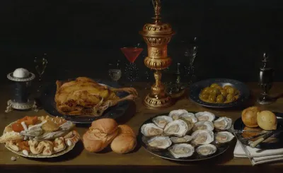 Still life with capon, oysters, bread, pastries, various glasses and a goblet