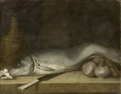 Still life with carp, wine bottle, tobacco, onion and knife on a table top