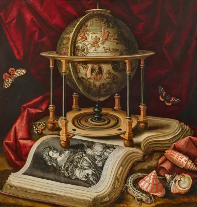 Still life with celestial globe, open book, shells, lizard and butterflies
