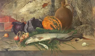 Still life with fish, cabbage, pumpkin, onions and a wine jug.