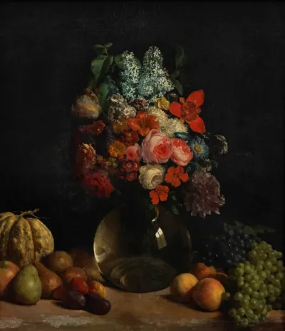 Still life with flower vase and fruit