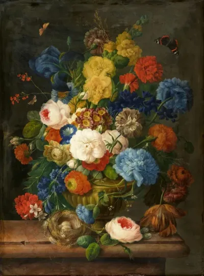 Still life with flowers and bird's nest