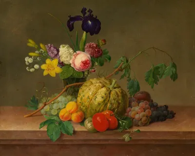 Still-life with flowers and fruit on a stone ledge.