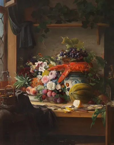 Still life with flowers, fruits and a lobster on a table.