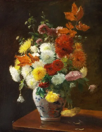 Still life with flowers in a vase on a table.