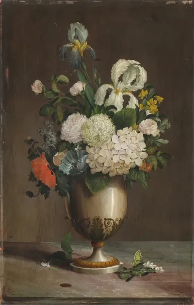 Still life with flowers, insects and a copper coin on a stone sill