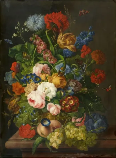 Still life with flowers, peaches and grapes