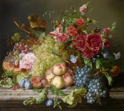 Still life with fruit and flowers on a ledge