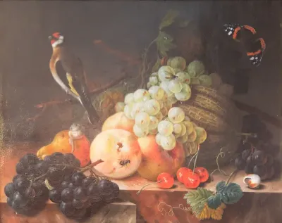 Still Life with Fruit Goldfinch and Butterfly